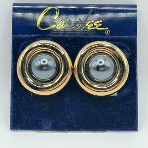 Vintage Carol Lee Faux Black Pearl Clip On Button Earrings Silver Tone Signed